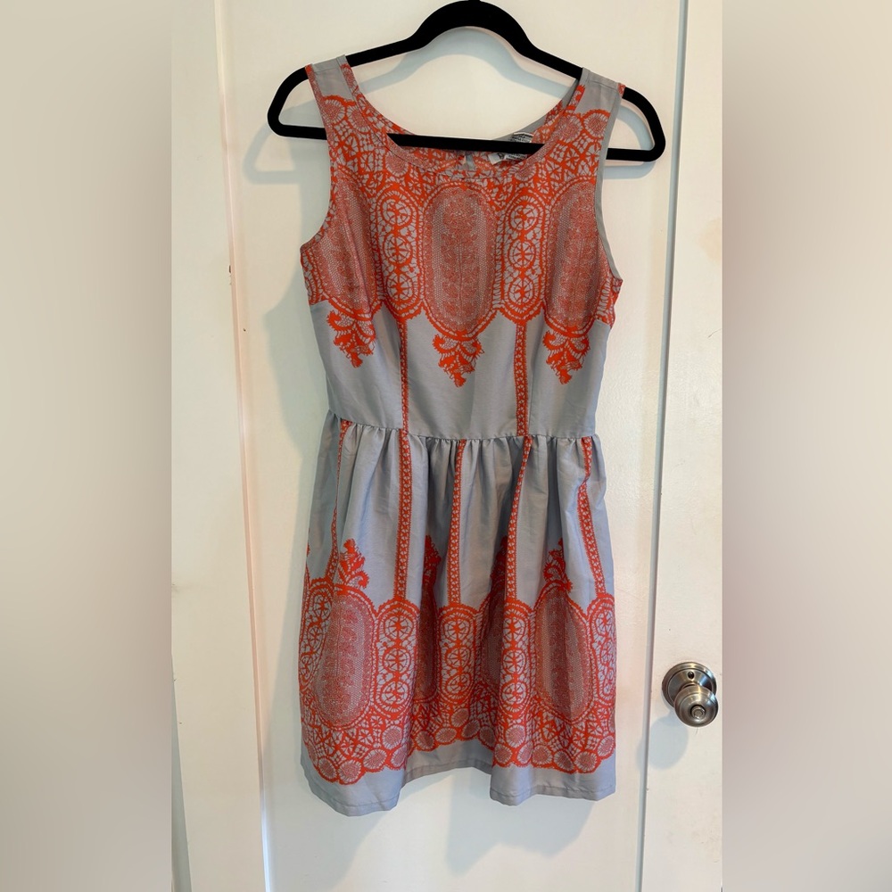 Pinky Gray & Orange Sleeveless Fit-and-Flare Lace Print  Dress Size Medium